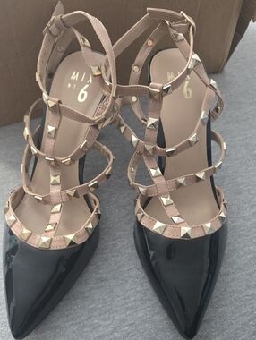 Mix No. 6 Black Patent Pointed-Toe Heels with Nude Studded Straps